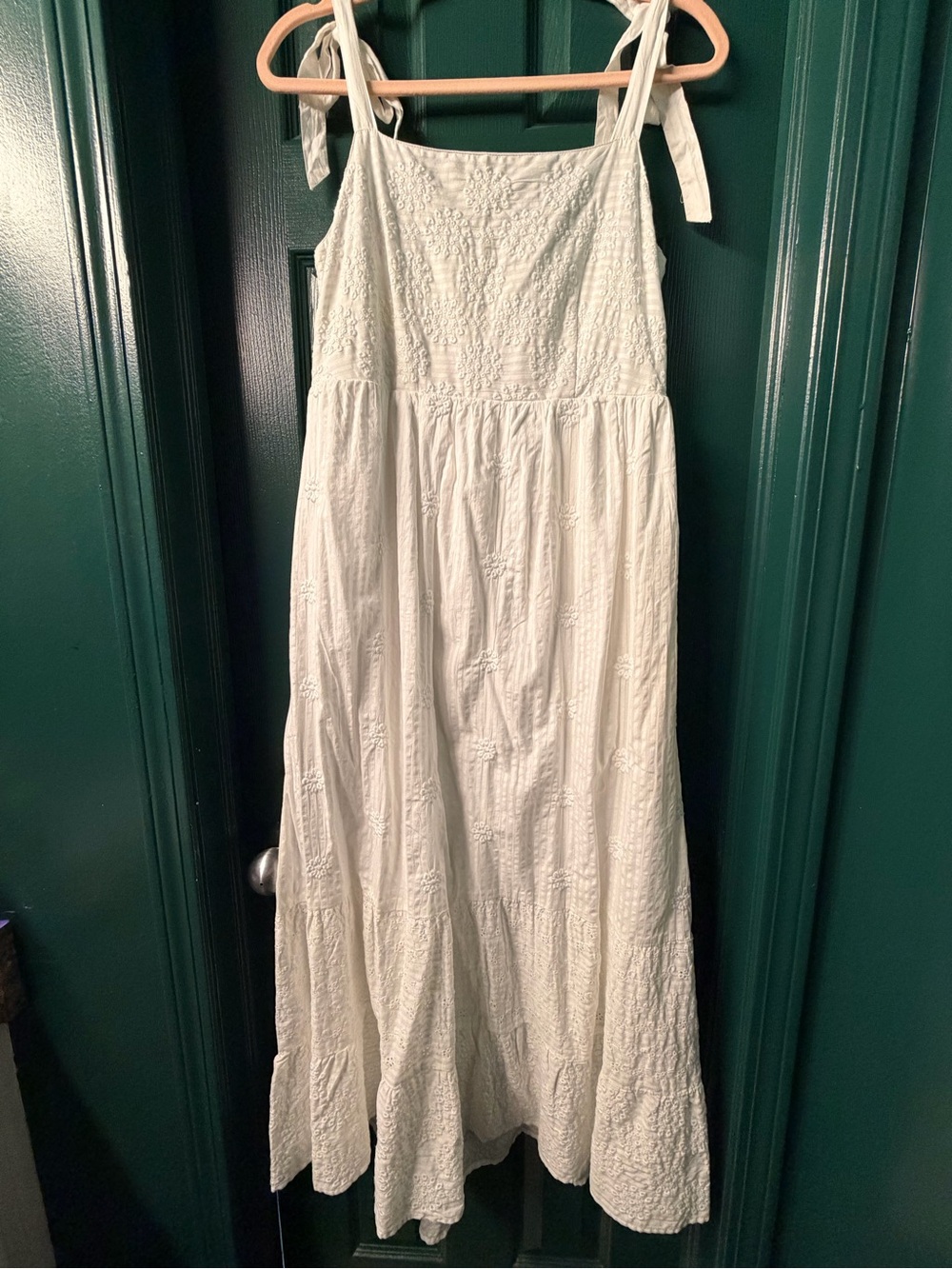 American Eagle White Embroidered Eyelet Tie-Shoulder Maxi Dress